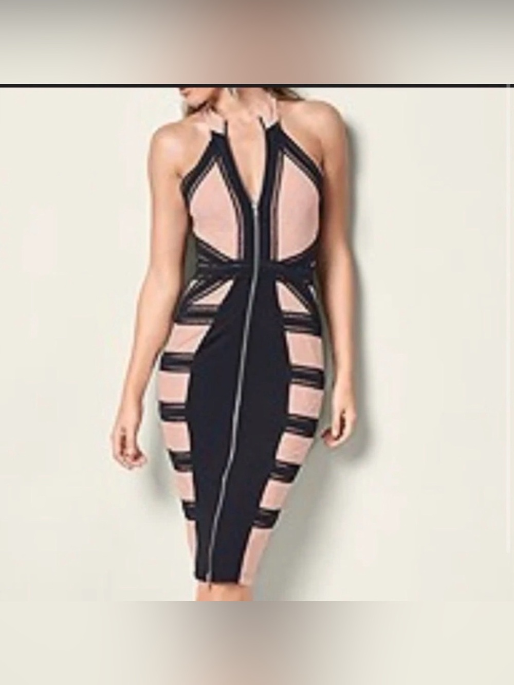 VENUS Black and Nude Strappy Halter Midi Dress